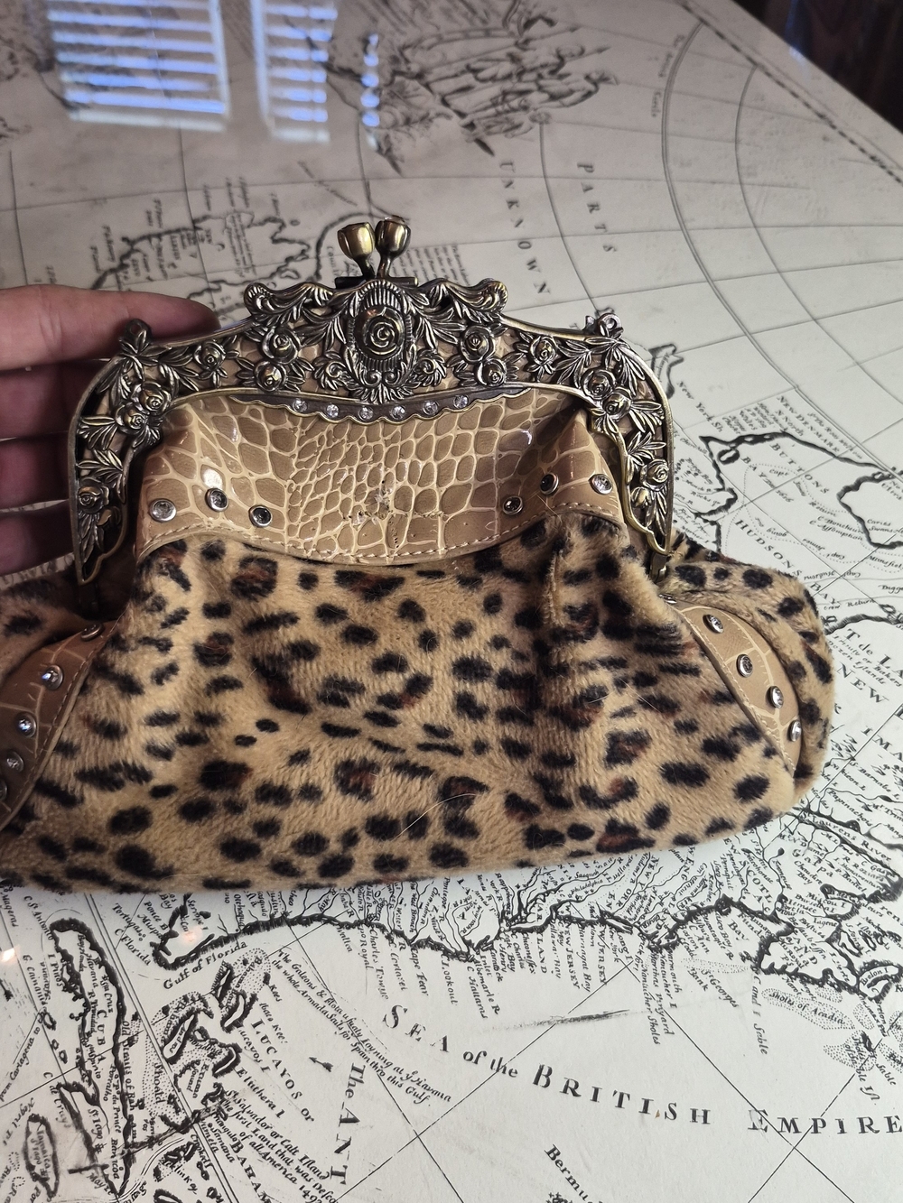 Leopard Faux Fur Frame Clutch with Ornate Gold-Tone Hardware - Tan